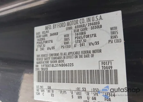 2001 Ford F-150 Lariat/Xl/Xlt z USA, uszkodzony, nr VIN 1FTRX18L31NB06325